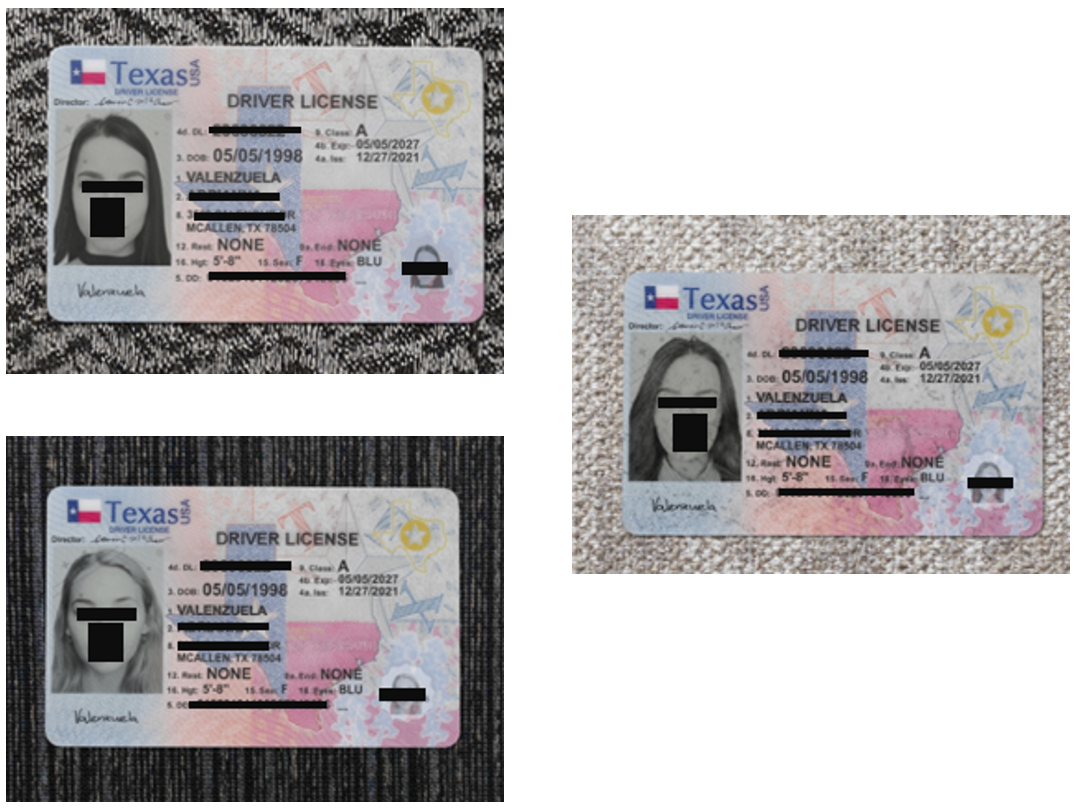 Document cloning: three generations of a Texas driver's license with iterative field-level modification