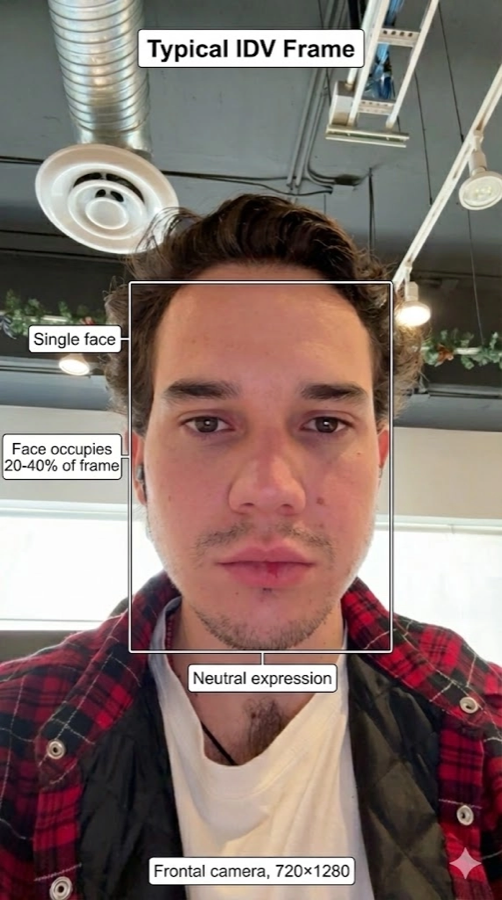 Typical IDV capture frame with annotations: single frontal face, face occupies 20–40% of frame, neutral expression, frontal camera 720×1280